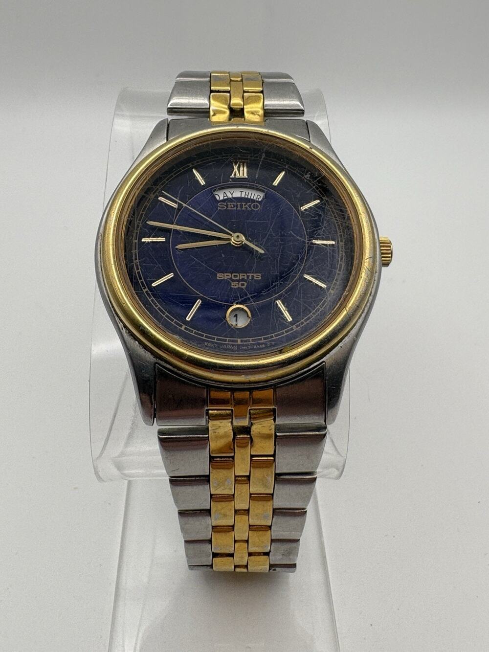 Vintage Seiko Sports 50 Day Date 7N43-9A00 Two Tone Blue Dial Watch - Running